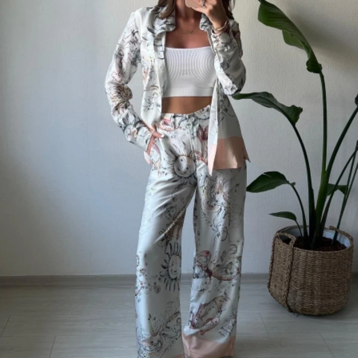 Women Pants Set Blouse Straight Trousers Floral Print Two Piece Set Shirt Set Dashiki African Clothes Summer Top Matching Sets