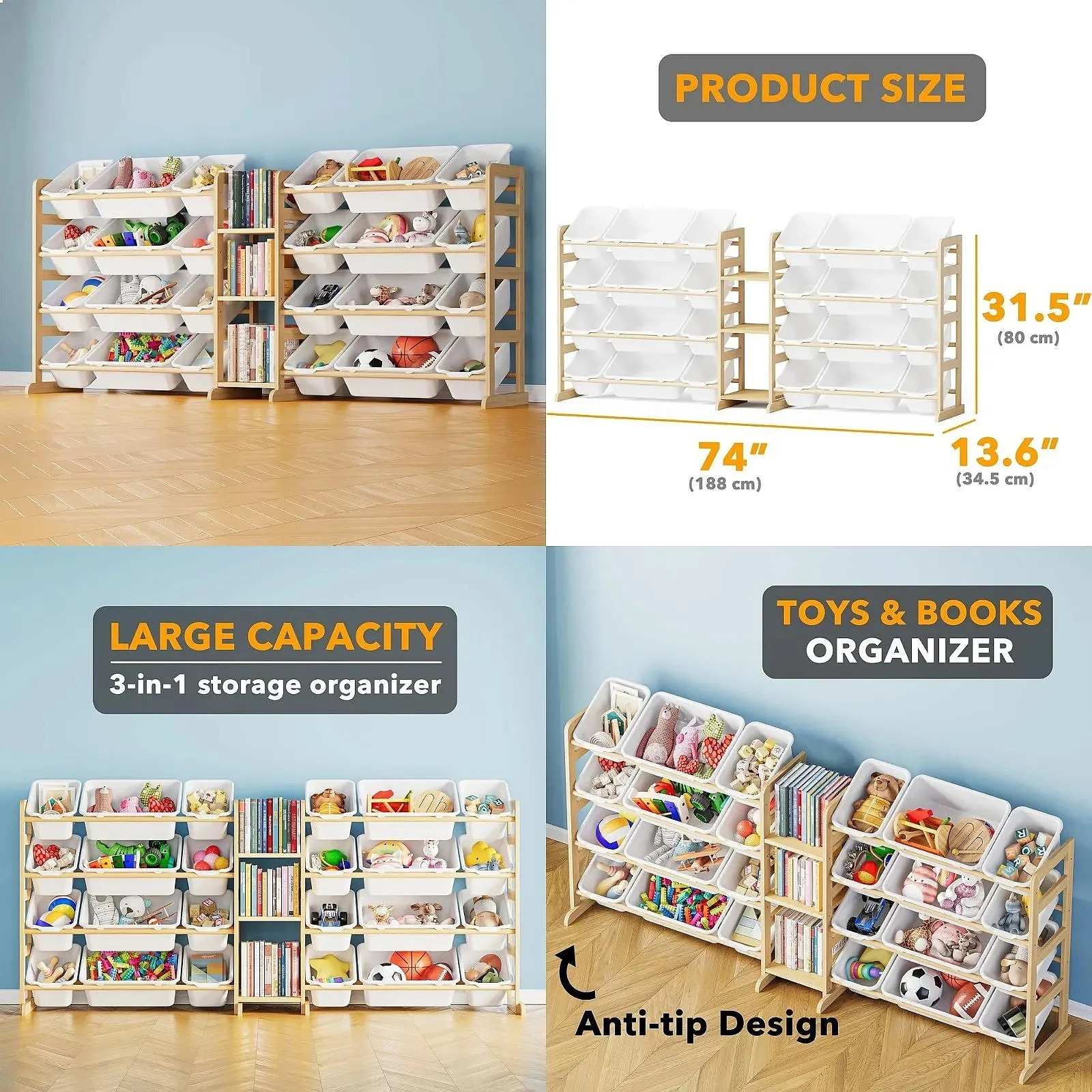 Large Toy Storage Organizer with 24 Bins and 3 Shelves, Kids Bookshelf Bin Box for Playroom Room Decor, White
