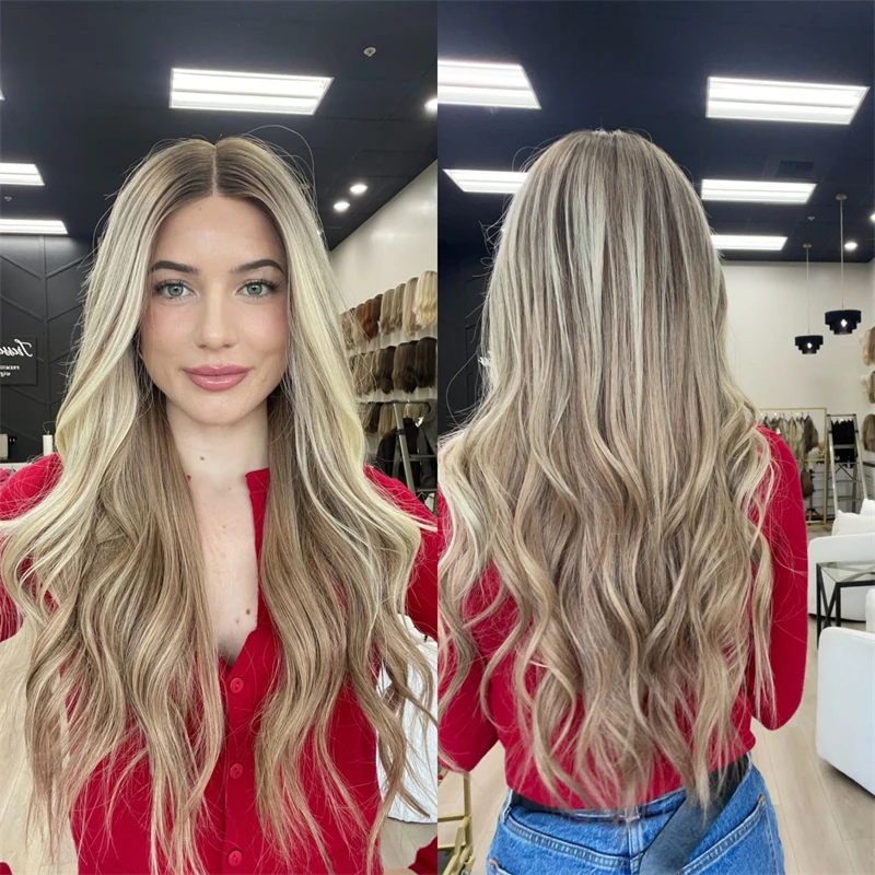 Ombre Ash Blonde with Brown Streaks Synthetic Lace Top Wigs Highlights Natural Hairline Loose Wave Ladies Wig Heat Resistant