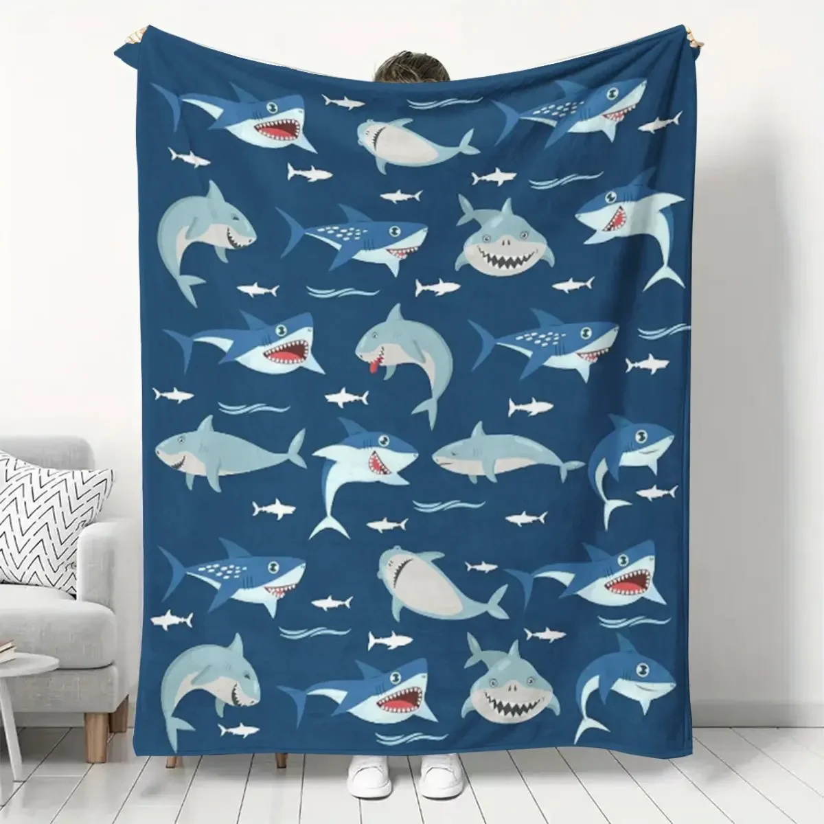 Aesthetic Sea Sharks Blanket Cozy Plush Couch Throw Cover Soft Bed Decorative Blue Animal Nap Blanket For All Season Bedding