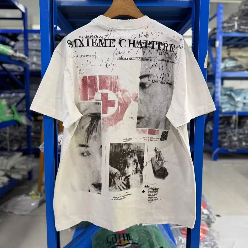 Men's Double Sided Print T Shirt 100% Cotton Vintage Washed Graphic Collage Loose High Street Casual Tee