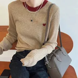 Fashion love embroidery matching color round neck cashmere sweater women's spring and autumn loose casual sweater wool base