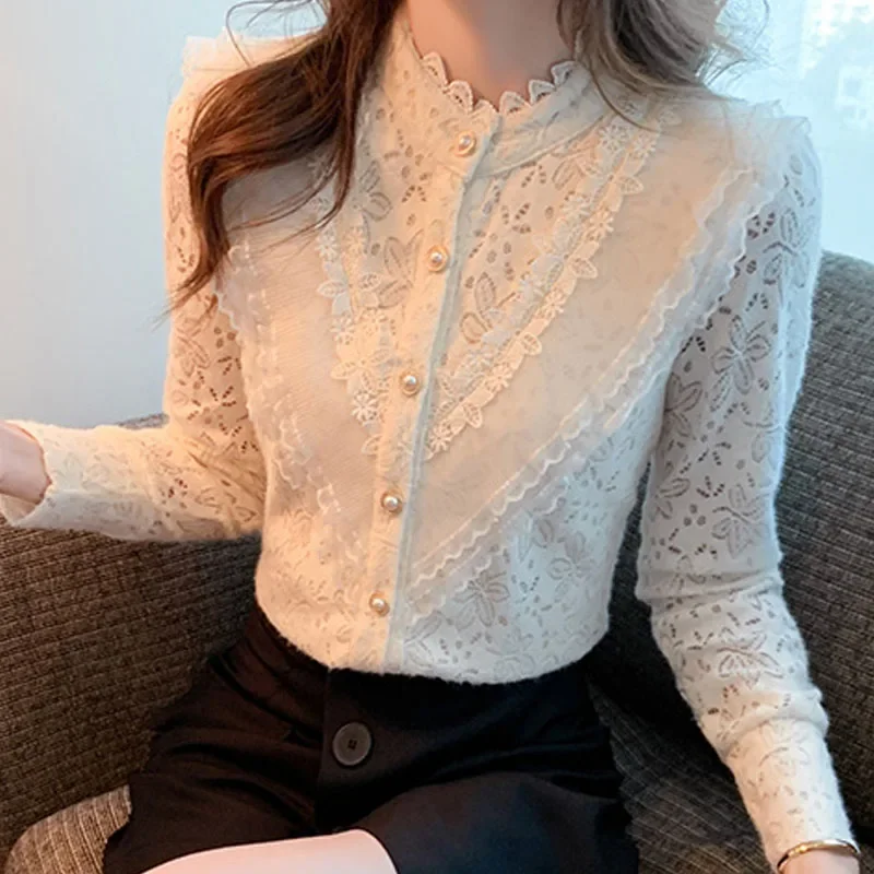 Winter Women Shirt Long Sleeve Stand Collar Adding Fleece Unique and Elegant Lace Single Breasted Keep Warm Women Tops Shirt C56