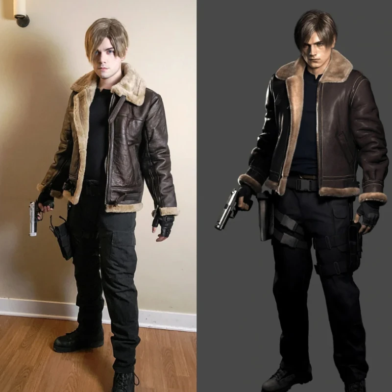 

Resident Evil 4 Remake Leon Cosplay Set Brown Faux Leather Bomber Jacket Utility Belt Hand Mic Holster Elbow Pads For Men