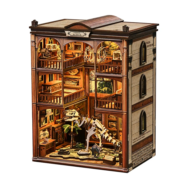 Wooden Dinosaur Book Nook DIY Figurines Miniatures Fossil Museum Bookend With LED Lights for Friends Gifts Home Decor Crafts