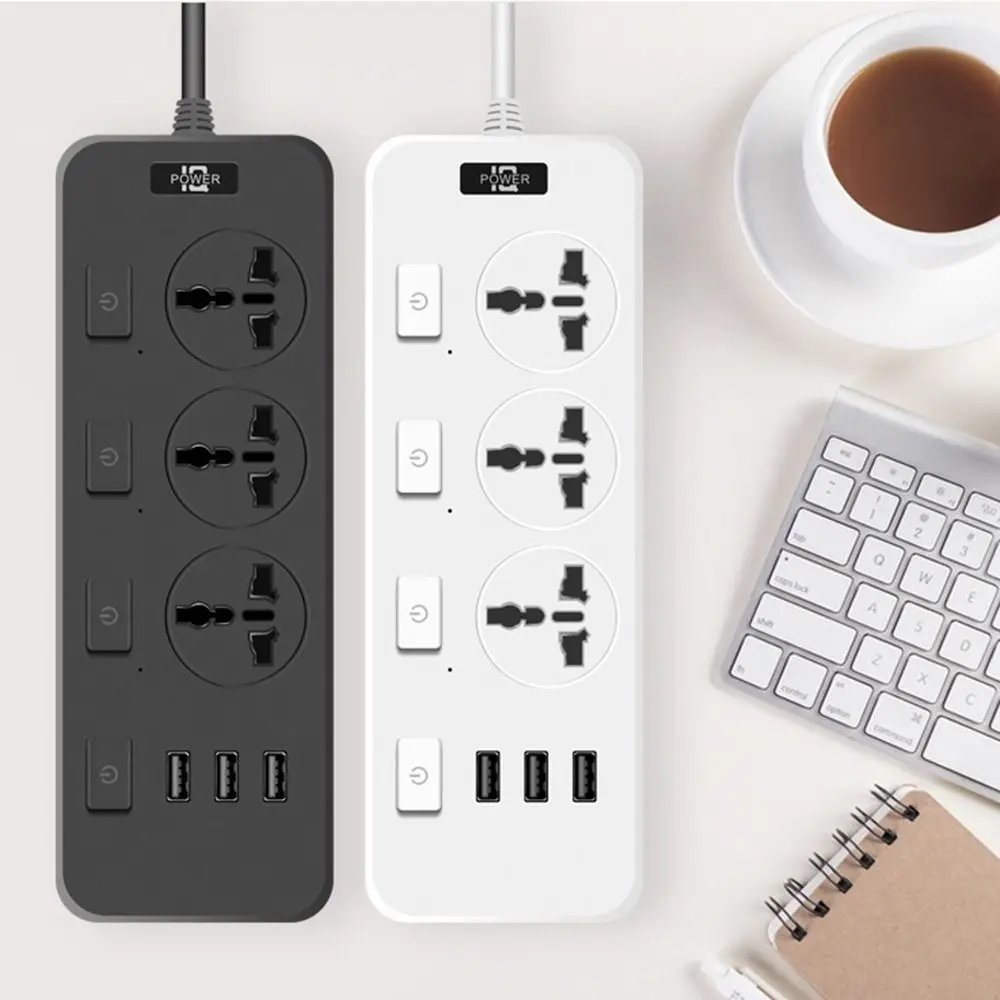 Universal Electric Plug Socket 2500W US UK EU Plug Flat Outlet Extender Cord Independent switch control Overload Protection