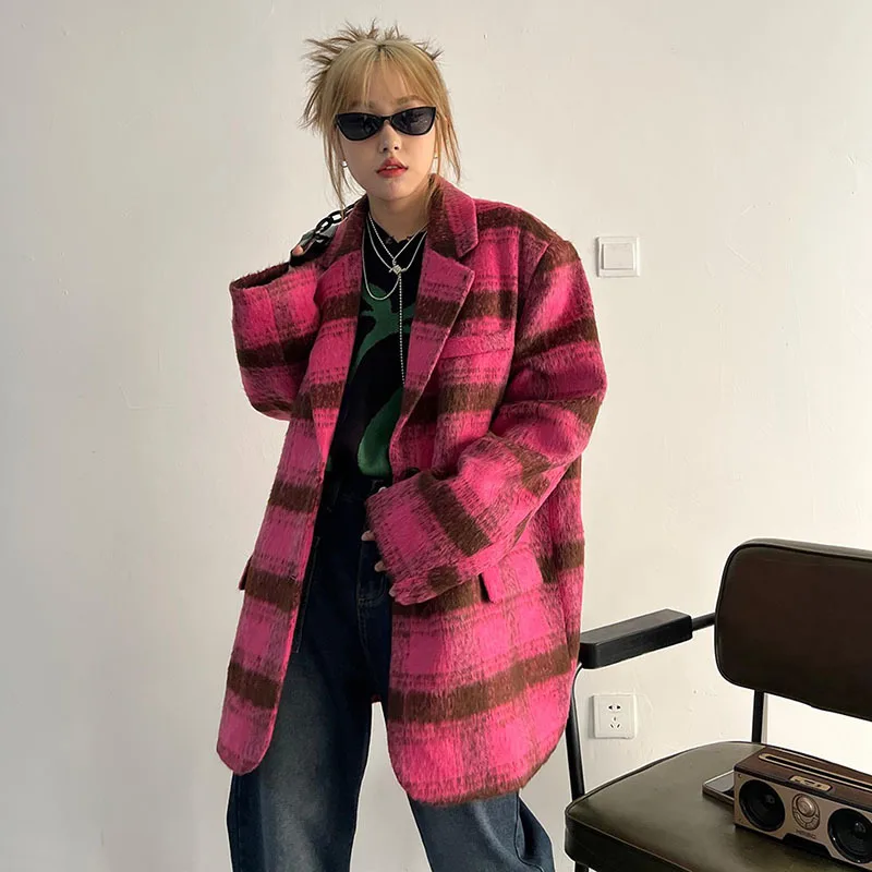 Autumn Winter Women Vintage Plaid Woolen Cloth Coat Pink Yellow Casual Long Sleeve Female Short Jacket Coat Loose Chaqueta Mujer