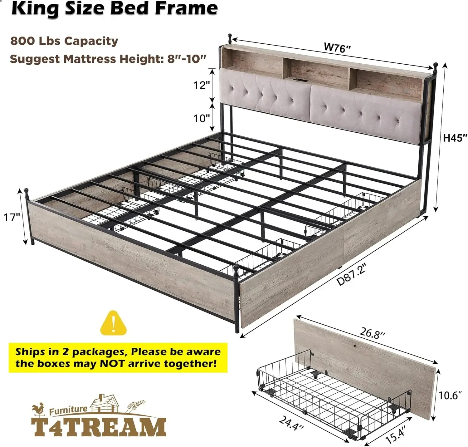 4 Drawers, Farmhouse Metal Platform Bed w/LED Lights & Charging Station, StableNo Box Spring Needed, Light Rustic Oak