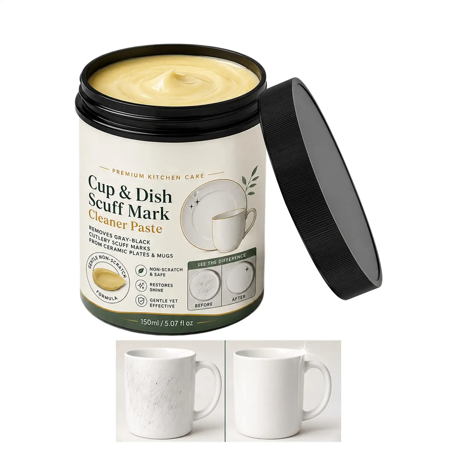 150ml Tableware Stain Remover Paste, Deep Cleaning Cream for Ceramic Dishes, Metal Mark & Scuff Remover for Pottery Plates Bowls