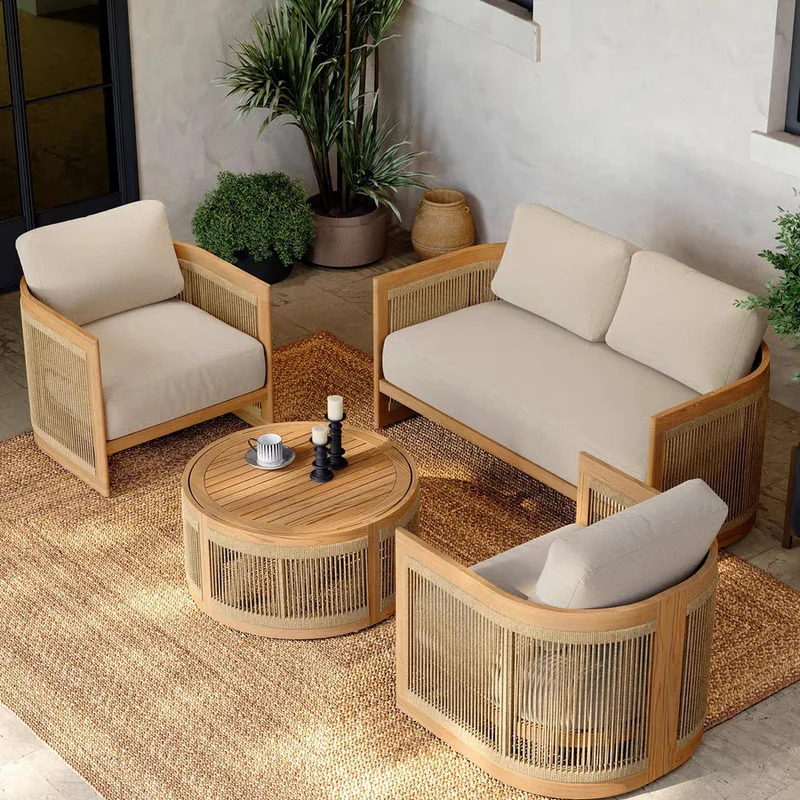 Outdoor Teak Sofa, Courtyard, Outdoor Balcony, Guesthouse, Leisure, Imitation Wood Rattan, Open-Air Garden Furniture Set