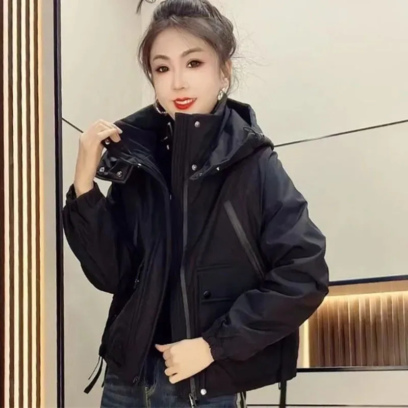

Spring Autumn Ladies Loose Hooded Tops Outwear Korean Female Short Stormtrooper Jacket 2025 Women Fashion Long Sleeves Coat