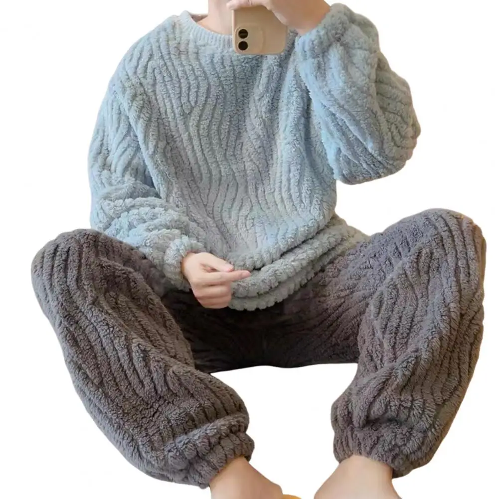 Heren Flanellen Pyjama Broek Set Soft Touch Lange Mouw Warme Nachtkleding Set Gezellig Effen Kleur Ronde Hals Loungewear