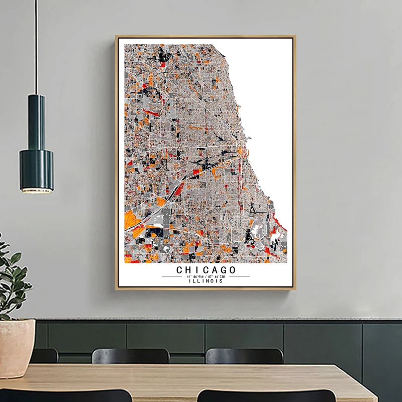 Chicago Illinois America Colour World City Map Abstract Canvas Paintings Wall Art Print Poster Picture Home Decor