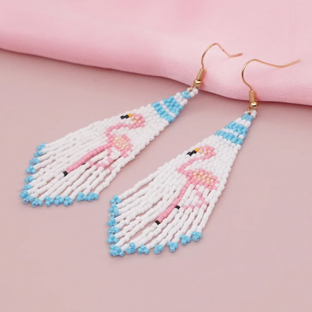 

Fringe Earrings Hand knitting animal Flamingo Beading personality Simple Bohemia geometry ma'am Rice Bead Earrings