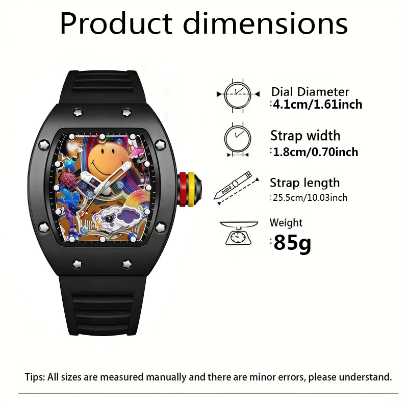 Tonneau Shape Men Quartz Wristwatch, Color Graffiti Smile Dial, Soft Silicone Strap, Fashion Sport Men Watch, With Spare Battery