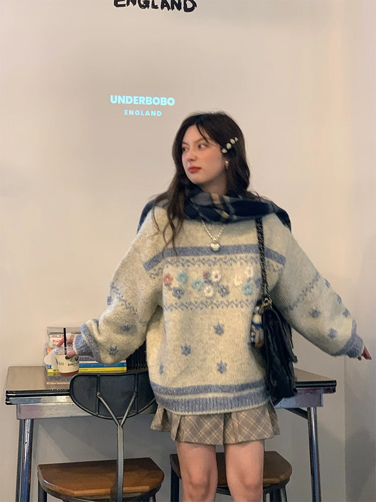 

Handmade Crochet Thiened Winter Knitted Sweater Women's round Ne Loose Fit Vintage Sle Knitwear by JC Antiques op