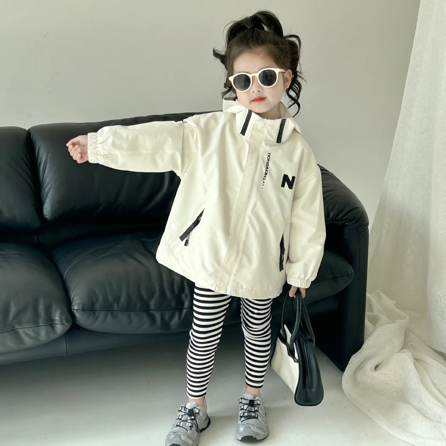 

Girls Coat 2024 Autumn New Childrens Clothes Girls Korean Style Hooded Zipper Storm Jacket Casual Simple and All-matching