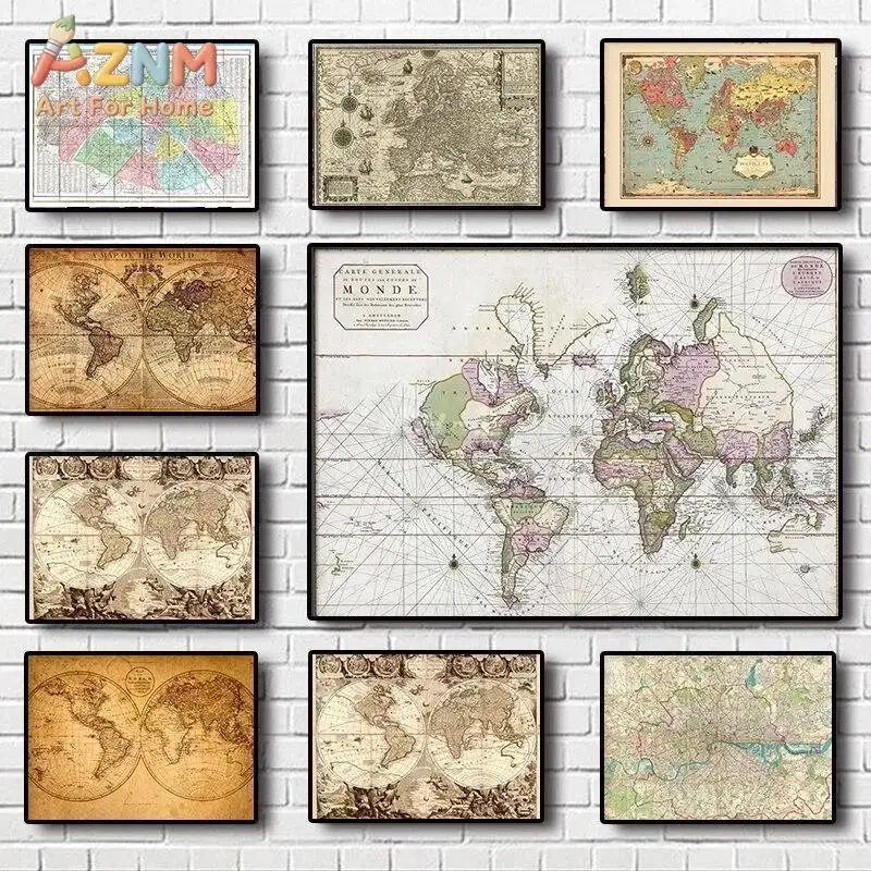 Impression sur toile de carte du monde vintage, affiche classique représentant la Terre pour salon, bureau à domicile, salle d'étude, décoration murale, impressions d'affiches D