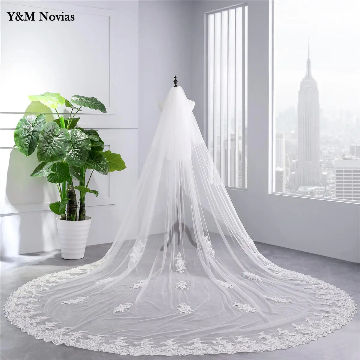 350*300Cm Luxe Kant Lange Tulle Wedding Veils Twee Layer Met Kam Wit Ivoor Bridal Veil Voor Bruid huwelijk Bruiloft Accessorie