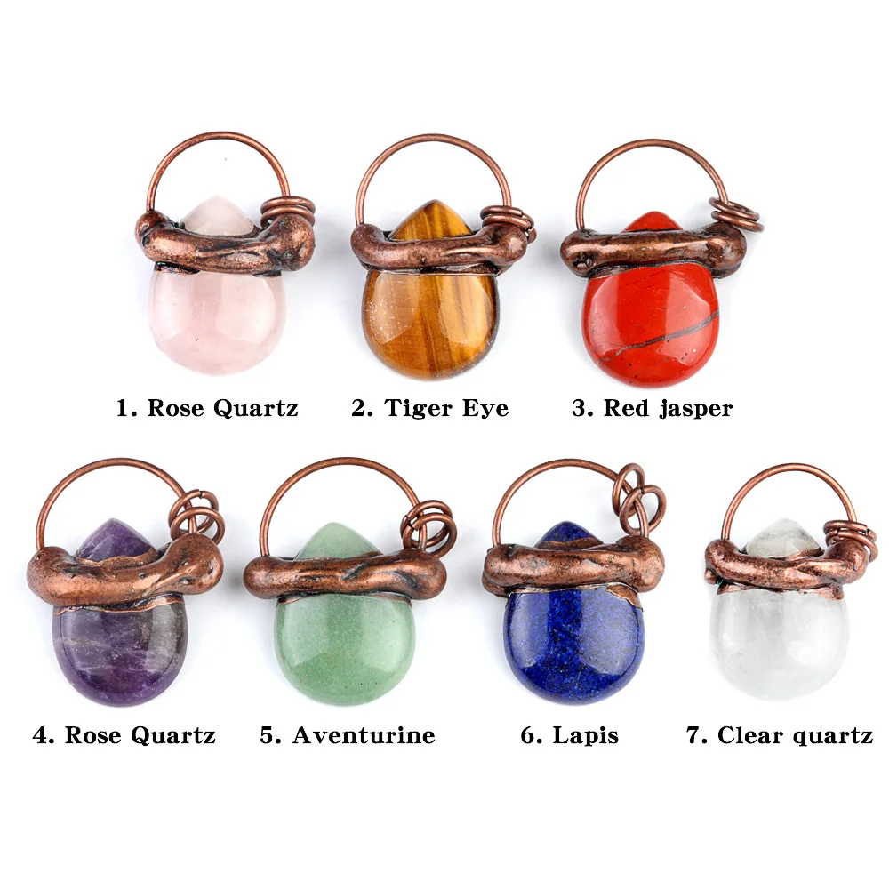 Vintage Copper Wire Wrapped Pendant Necklace, Mixed Gemstone Teardrop Healing Necklace for Women