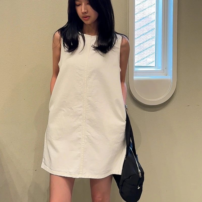 Retro redondo ne scela denim colete feminino solto corte reto ba oco para fora com cinto ort saia faionable verão dr