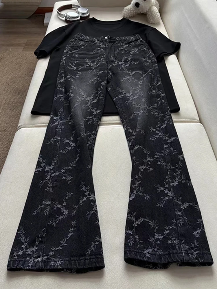 

Bla Printed Floral Men's Summer Thin Straight Leg Jeans High Waist Slim Fit High Street American Sle Wear Resistant Loose...
