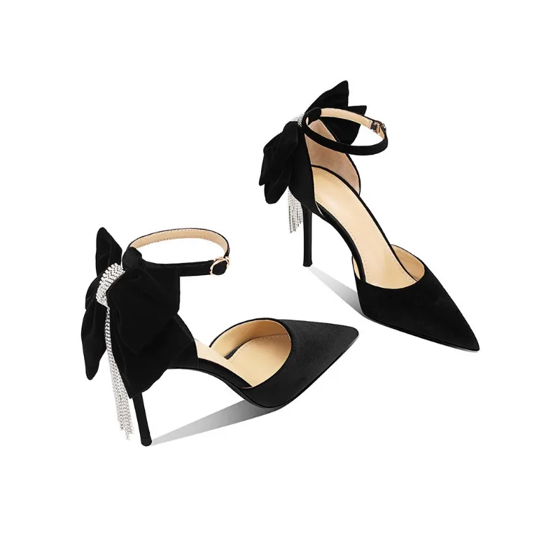 

2025 Summer Women Black Rhinestone Bow Sandals Pointed Toe Stiletto Heels Genuine Leather