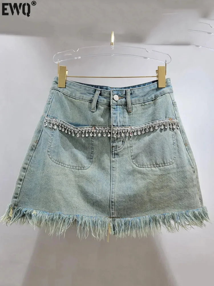 

[EWQ] New Fashion Y2k Diamond Inlaid Beading High Waist Tassel A-line Denim Short Skirt Women's Bottom 2024 Spring Summer 6U8875