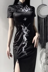 Retro Cheongsam Black Gothic High Waist Bandage Midi Women Bodycon Short Sleeve Party Dress Evening Club Plus 92280