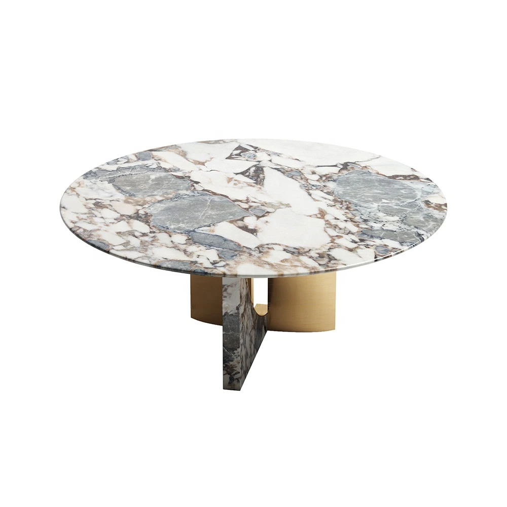 

Round Gold Dining Table 6 Seats Modern Mirror While Marble Top Stainless Steel Frame Dining Table