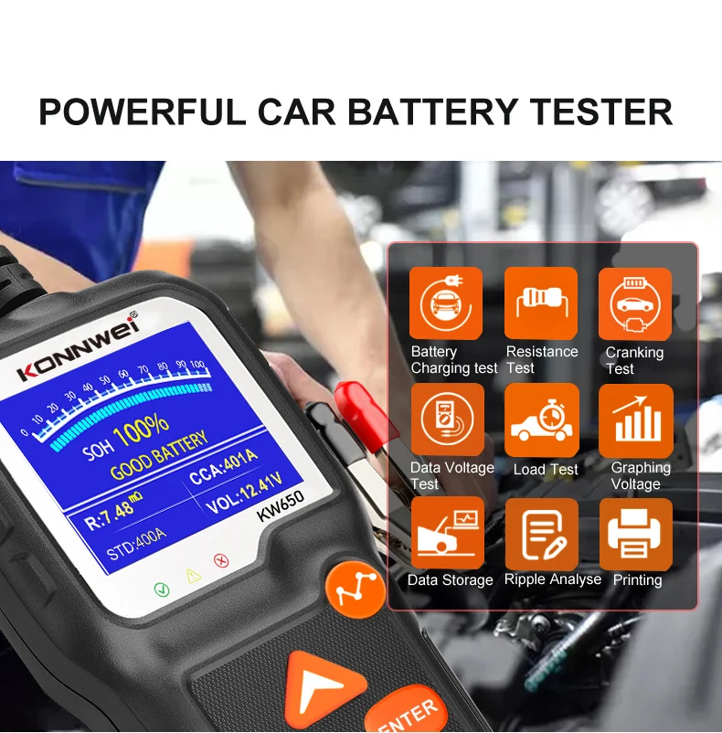 Professional  KW650 Battery Tester for All 6V-12V Cars Oil Extraction Vehicles Hybrid Electric Vehicles Motorcycles Lawn Mowers