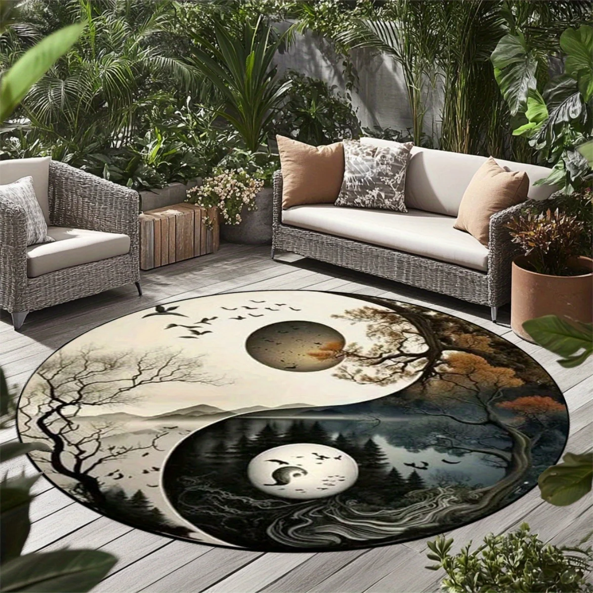 Bohemian Round Yin Yang Abstract Area Rug Polyester Floor Mat Zen Nature Landscape Decor for Living Room Patio Indoor Outdoor Cu