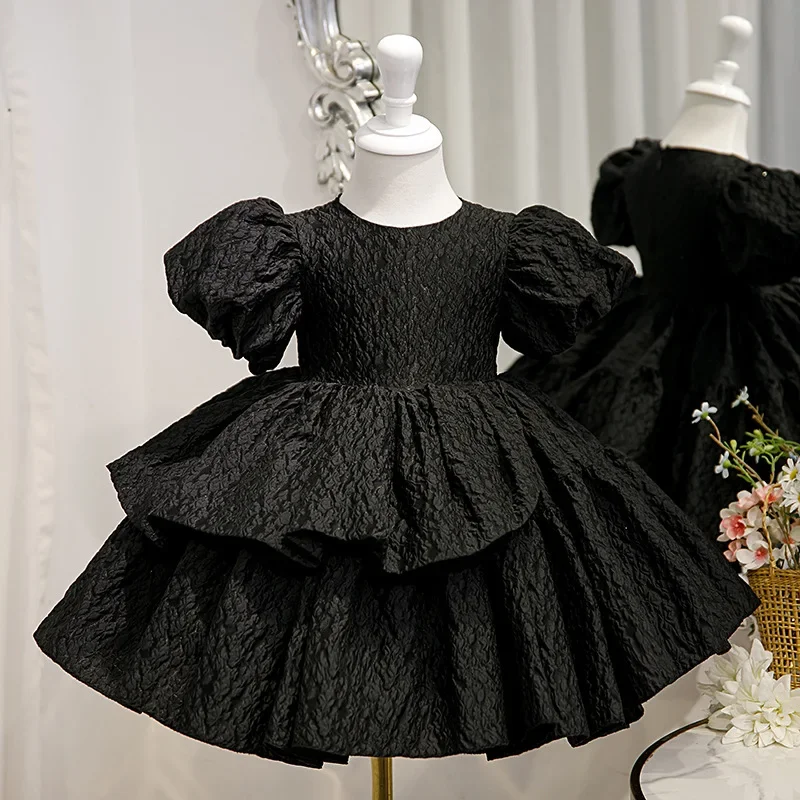 Summer Baby Girls Lolita Princess Ball Gowns Kids Black Shining Dress Infant Birthday Christening Dresses Kids Boutique Clothes