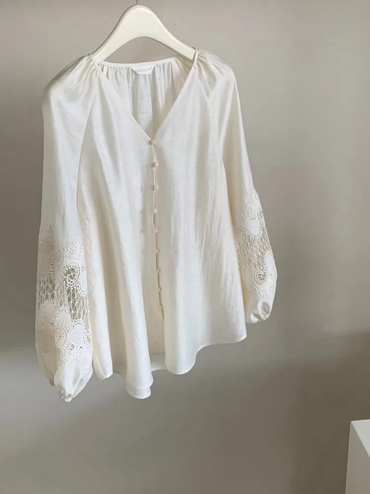 

Chic Spring Ethnic Sle V-Ne Long Sve Lightweight Lin Top Tassel Pendant Loose Fit High Waist Casual Women's irt