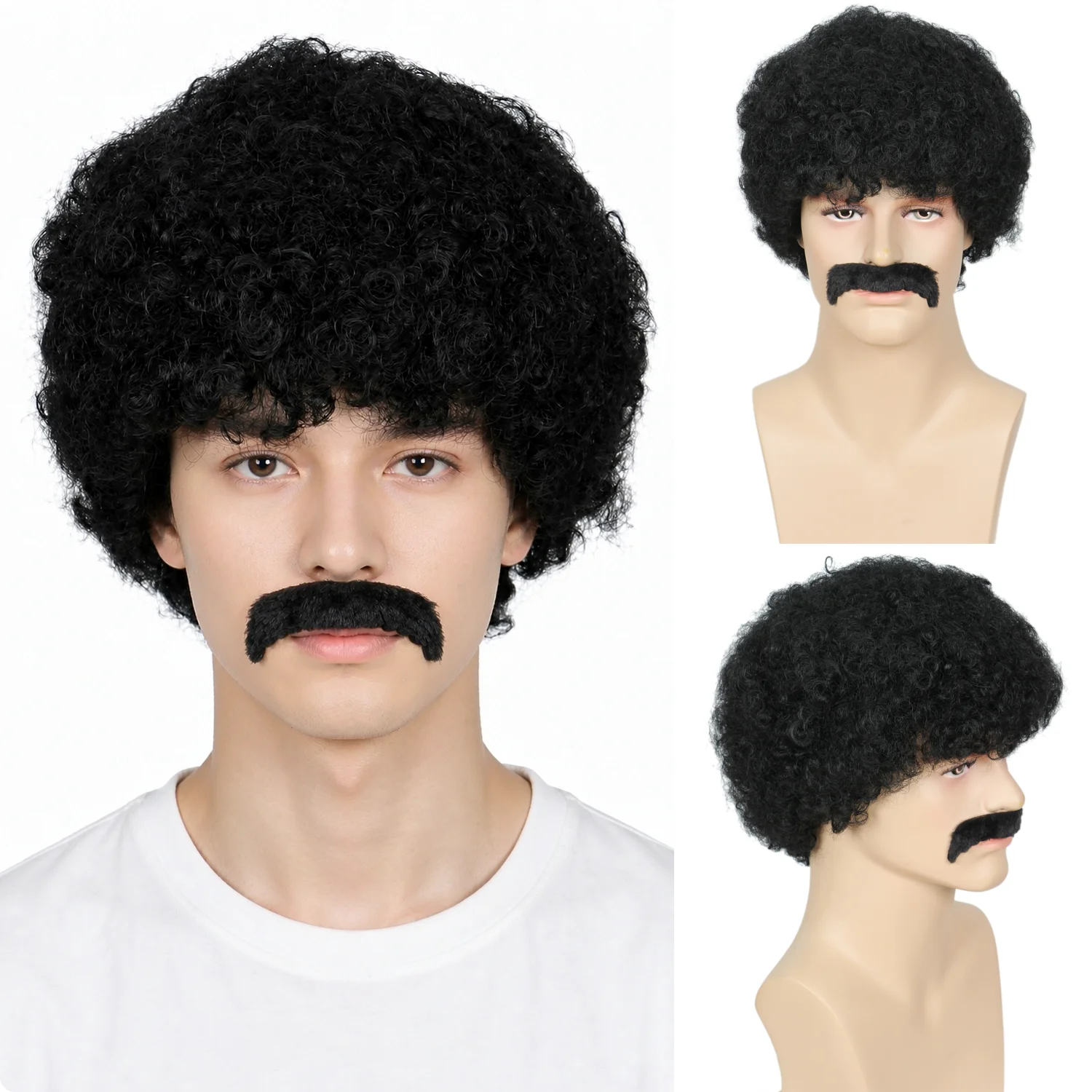 Mens 70s 80s Afro Disco Wig with Moustache Halloween Cosplay Costume