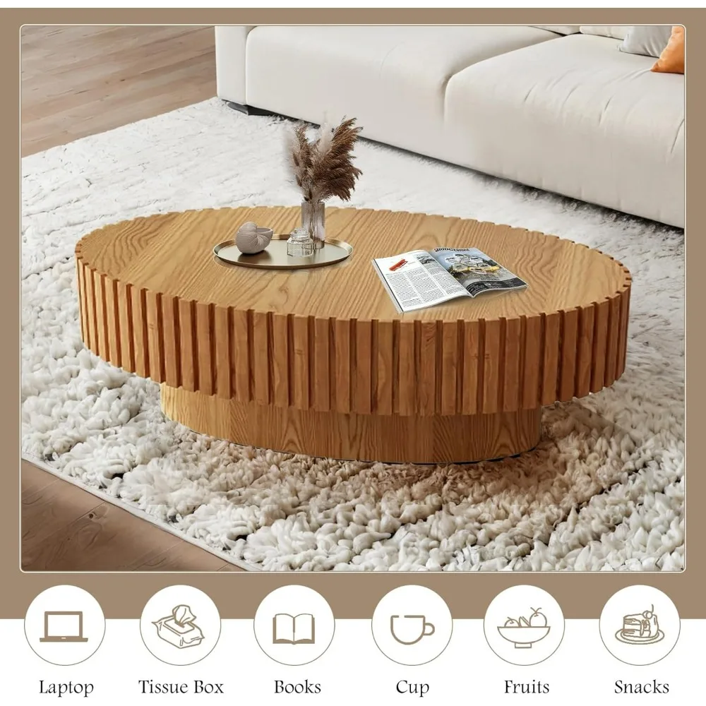 Geriffelter Couchtisch, 43,3 Zoll, ovale Couchtische aus Holz, moderner handgefertigter Trommel-Couchtisch mit Massivholz-Relief, stabiler Sockel, Ac