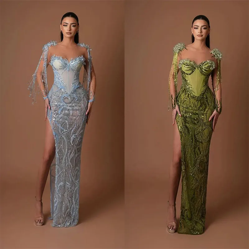 Sexy Mermaid Prom Dresses, Sweetheart Sequins, Sem mangas, Borlas Apliques, Side Slit, Custom Made, Vestido de festa