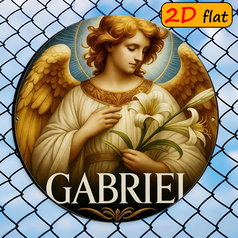 2D Flat, 2D/Flat, 1pc, Round Plaque with Gabriel Angel Holding a Lily, 19.99 X 19.99 cm Outdoor Sign, Perfect for Study Rooms, D