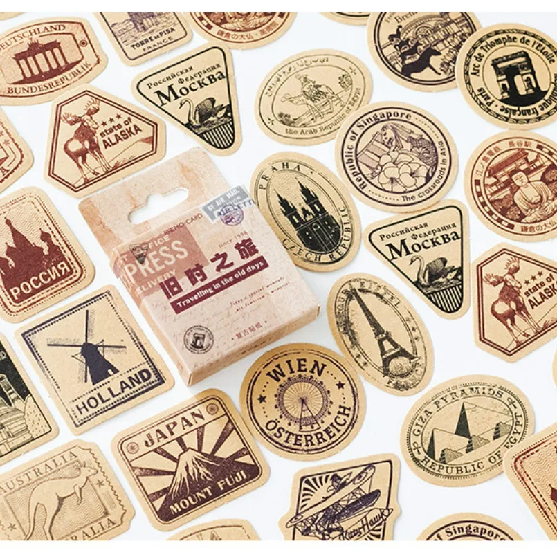 46PCS Vintage Old Times Travel Sticker Country Travel Decals for Luggage Phone Suitcase Skateboard Guitar DIY Sticker Decoration