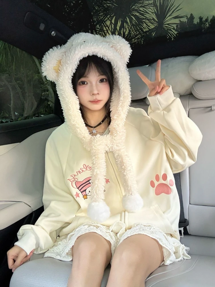 귀여운 일본식 루즈핏 긴팔 코트 여성용 가을 후드 지퍼 프린트 사랑스러운 오버코트 예쁜 따뜻한 패션 린트 후디