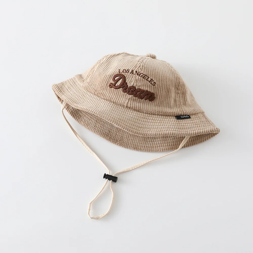 Baby Solid Color Sunscreen Hat Boys Keep Warm Corduroy Fisherman Hats Girls Sun Protection Letter Embroidery Bucket Cap Outdoor view 4