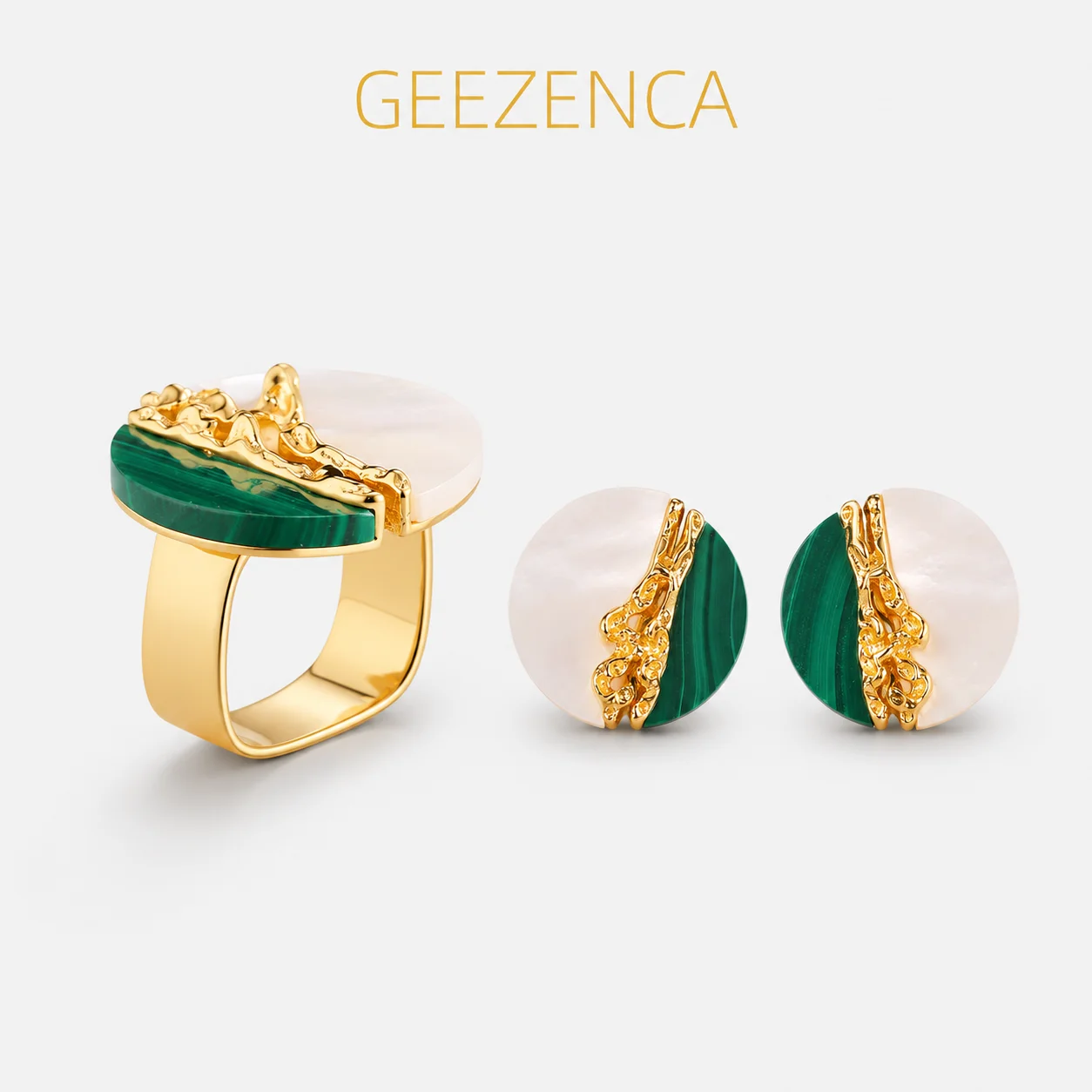 GEEZENCA 925 Sterling Silver Malachite White Shell Earrings Ring For Women Round Shaped Natural Stone Jewelry Sets Gift For Her