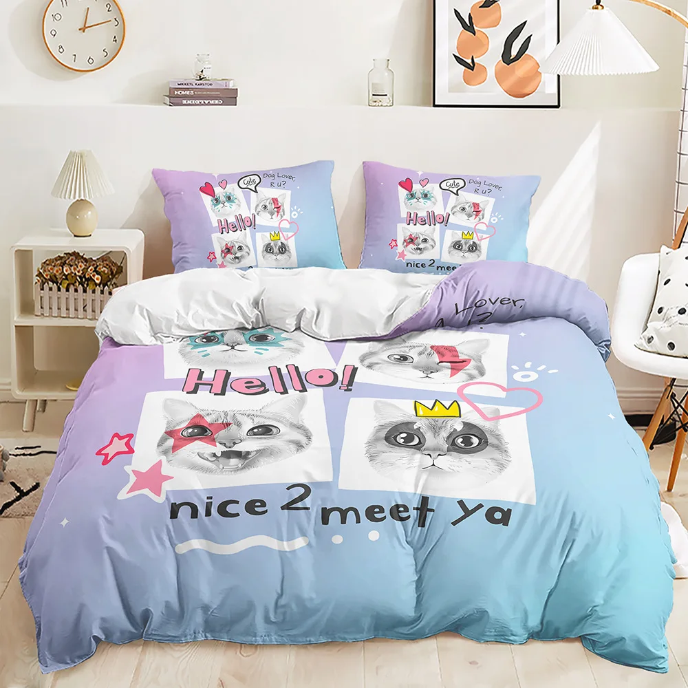 Cute Cat Bedding Set Kids Girls Bed Linen with Pillowcases Queen Full Single Twin Size 3D Printed Girls Duvet Cover Set