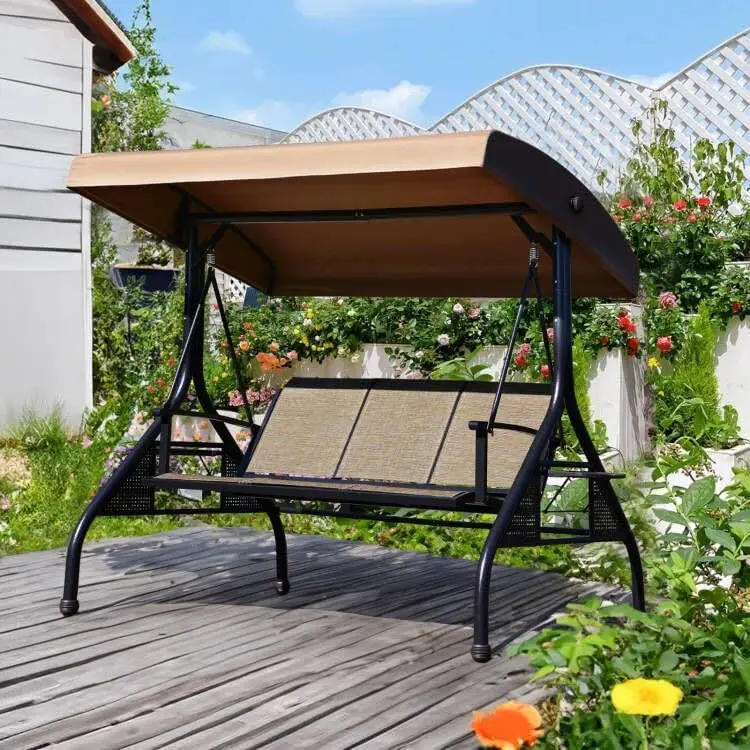 Outdoor Patio Swing with Adjustable Canopy, 3 Seat Outdoor Porch Swing with Cup Holders, Waterproof Textilene Swing Chair