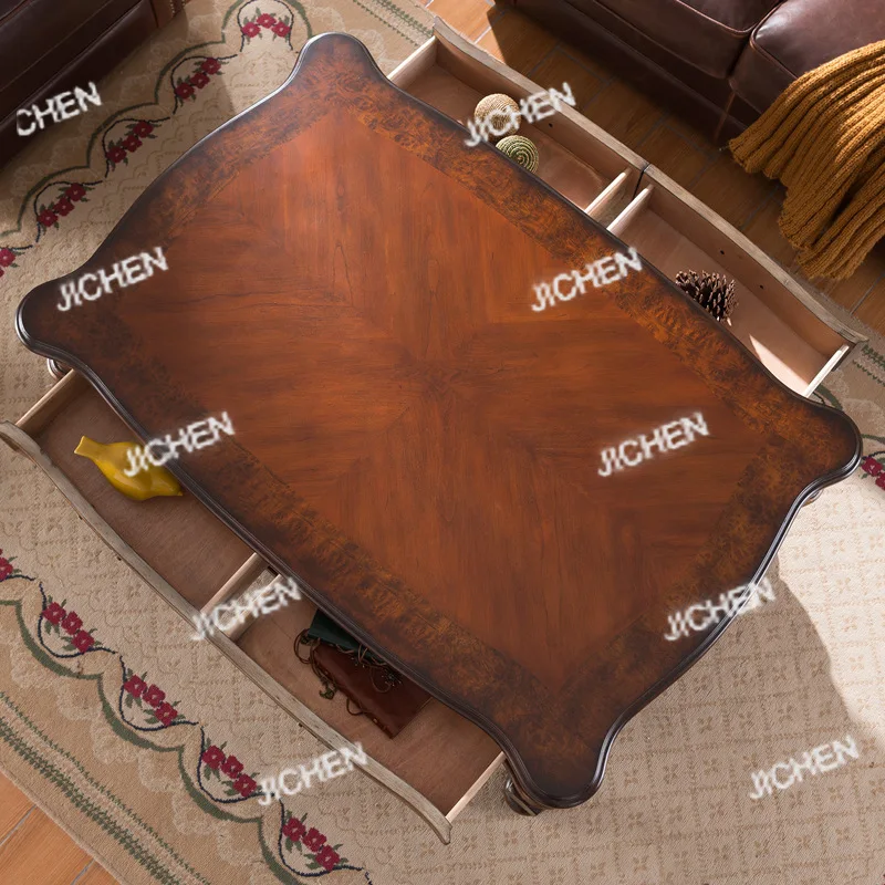 

American style, coffee table, double table, retro old painted furniture, four drawers, walnut brown.