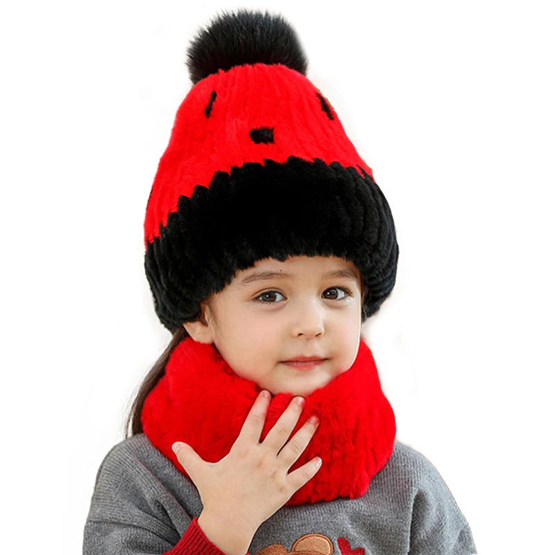 

2023 New In Winter Fur Hats For Girls Rex Rabbit Fur Hat Cute Kids Scarf Two-Piece Hat Double Fleece Heat Girls Hat