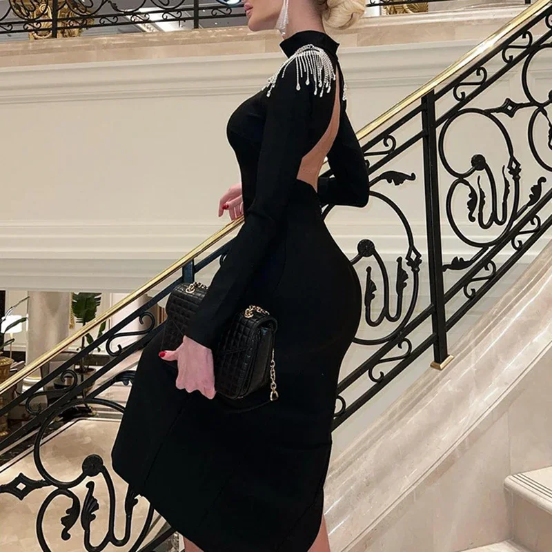 

Sexy Skinny Long Sleeve Long Dress Temperament 2025 Turtleneck Hollow Backless Banquet Dress Elegant Solid Slit Party Dress