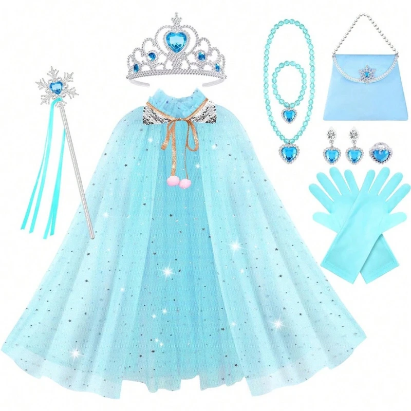 Soft Blue Pink Sheer Sparkle Mesh Cloak Accessory Kit Toddler Gem Crown Scepter Beaded Satin Gloves Small Purse Holiday Outfit
