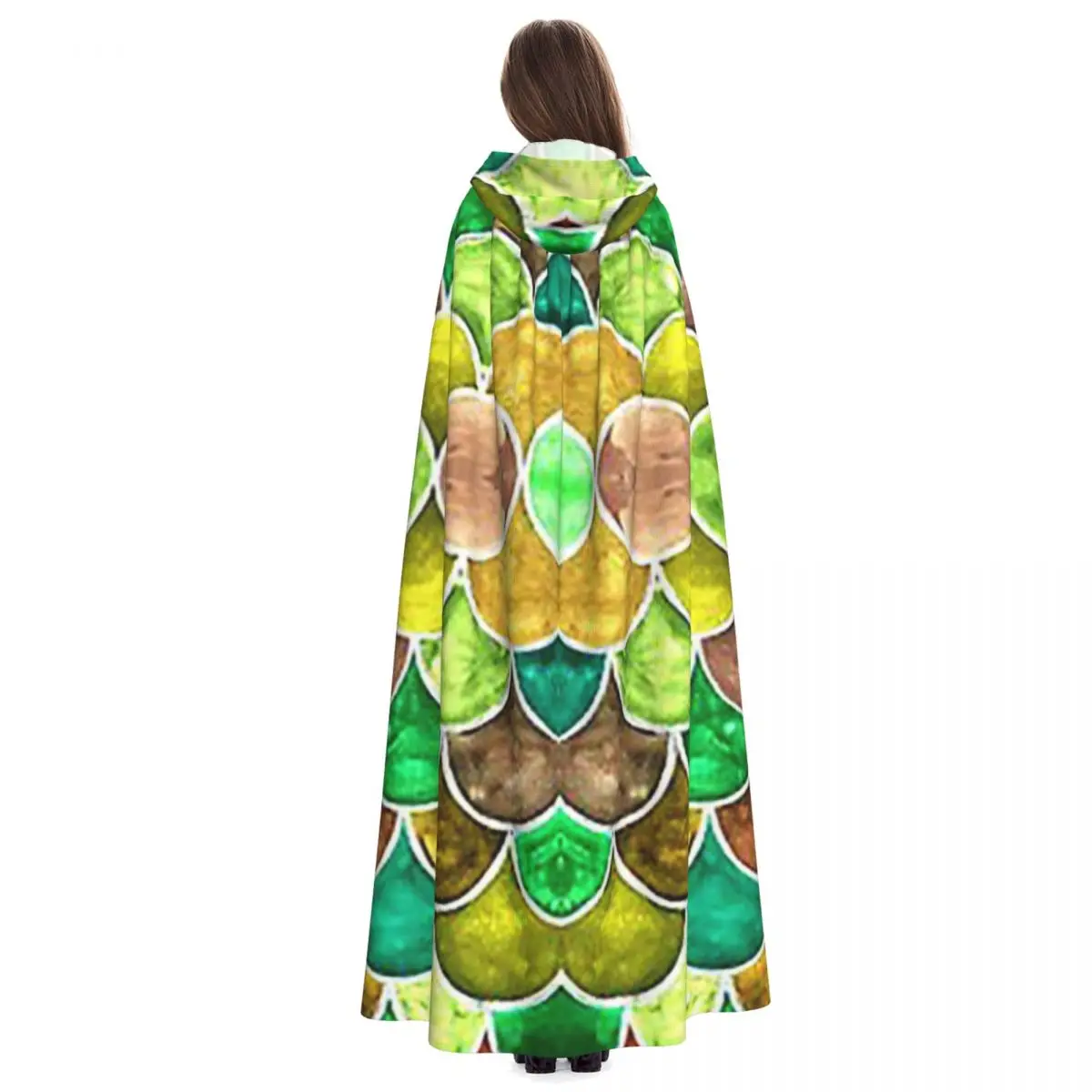 الأخضر والأصفر الموازين نمط طويل مقنعين عباءة الساحرة القرون الوسطى زي تأثيري كيب هالوين مصاص دماء الكبار للجنسين