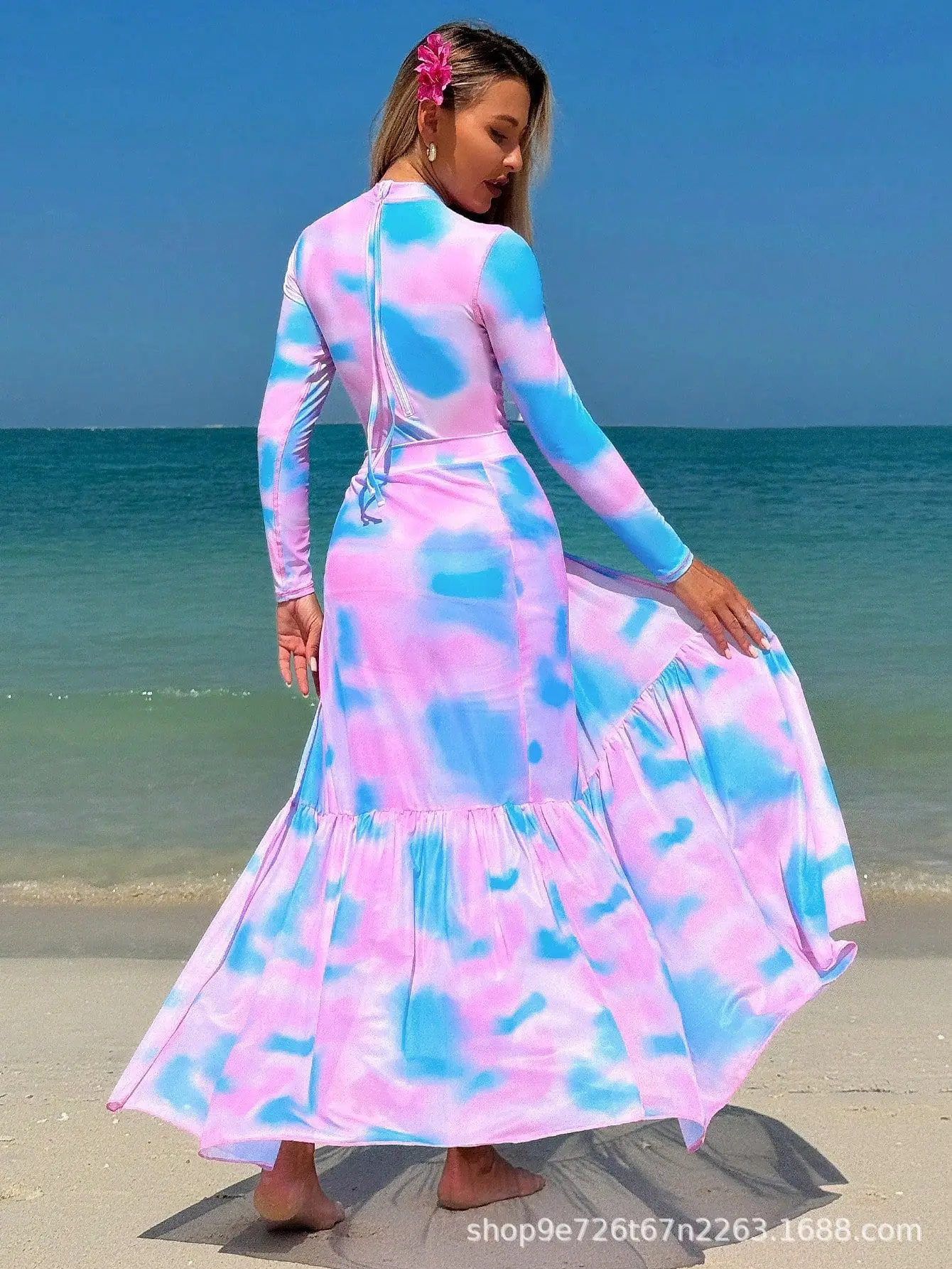 2025 ผู้หญิงดอกไม้สีชมพู Surf ชุดกระโปรงผู้หญิงว่ายน้ํา COVER UP & Slimming One Piece Beach Rash GUARD ชุดแขนยาวชุด